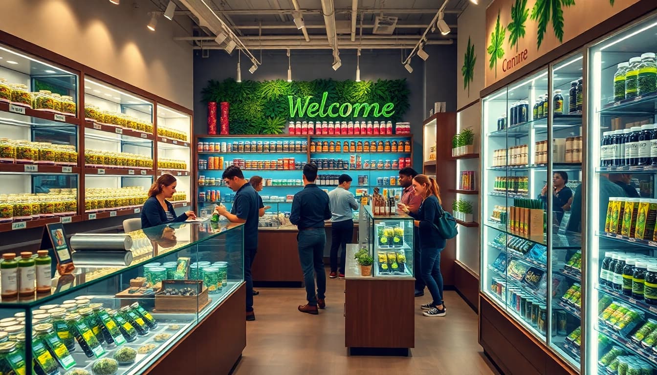 Shop at a vibrant weed store showcasing premium cannabis products and friendly service.