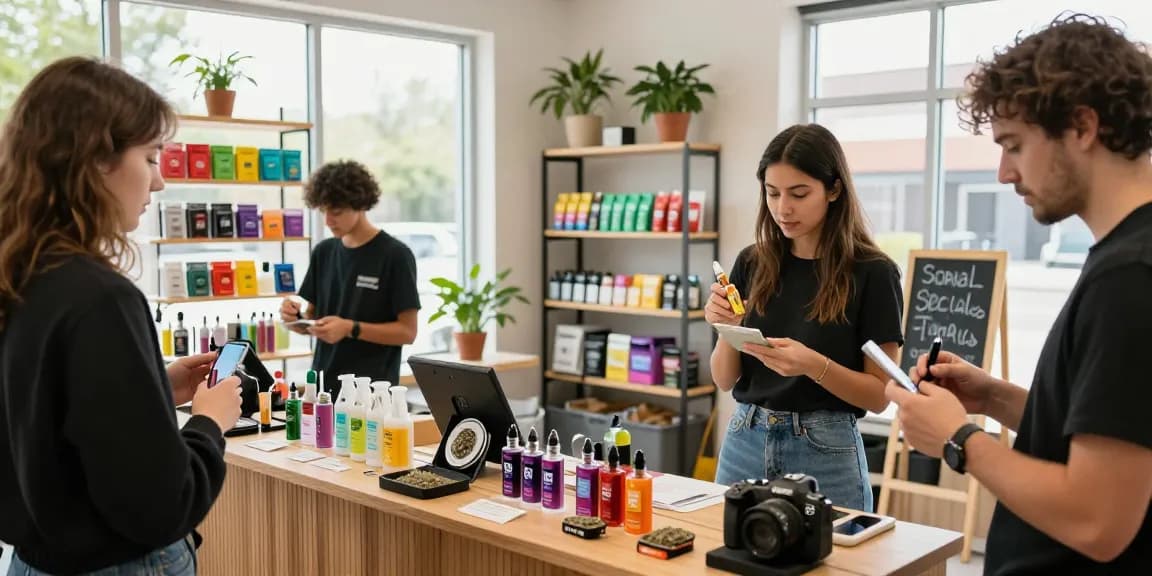Hochwertiges hash sieb im urbanen Cannabis-Shop, umgeben von THC-Vape-Produkten und interessierten Kunden.