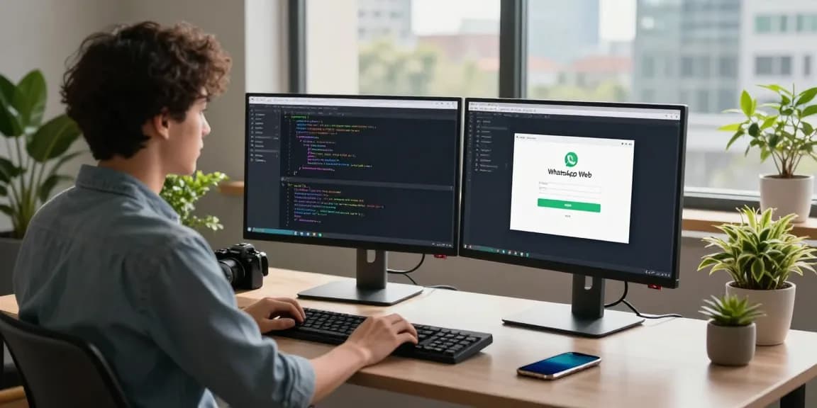 Developer working on WhatsApp電腦版 in a modern tech workspace with dual monitors and city view.