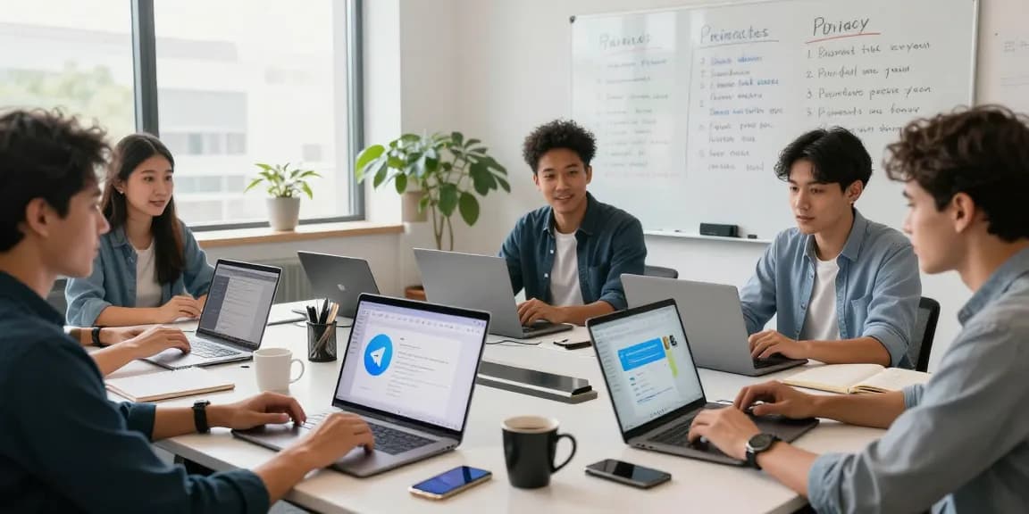 Team collaborating on Telegram Download in a modern workspace with laptops and smartphone notifications.