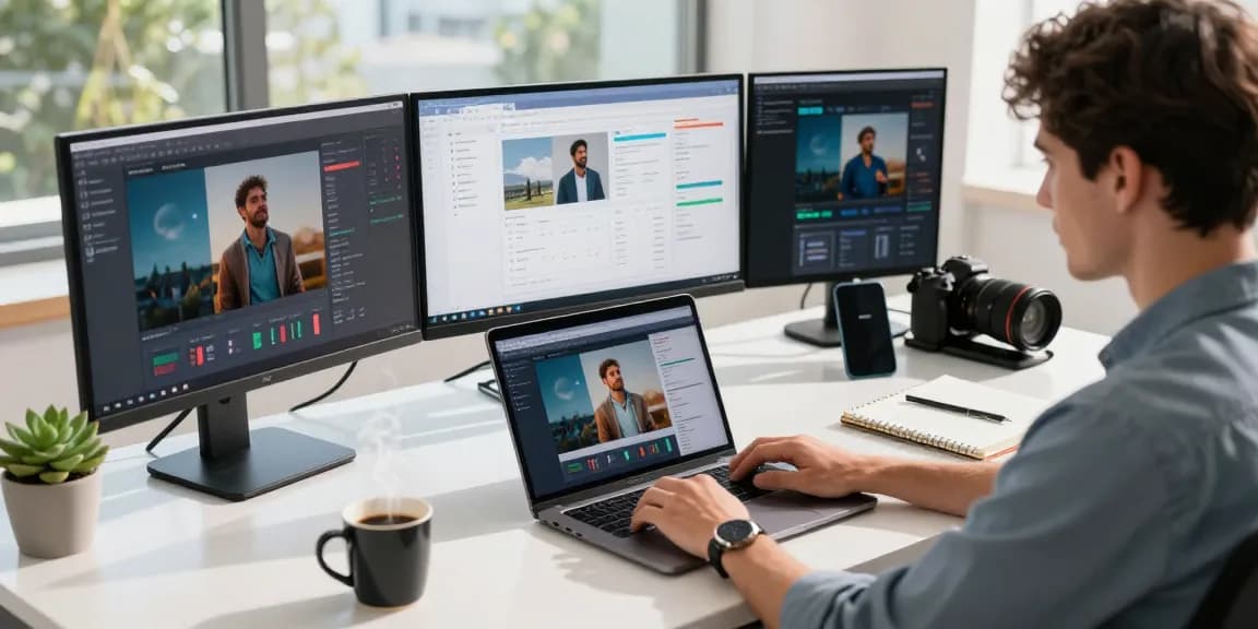 AI image detector in action as a user analyzes images at a modern workspace.