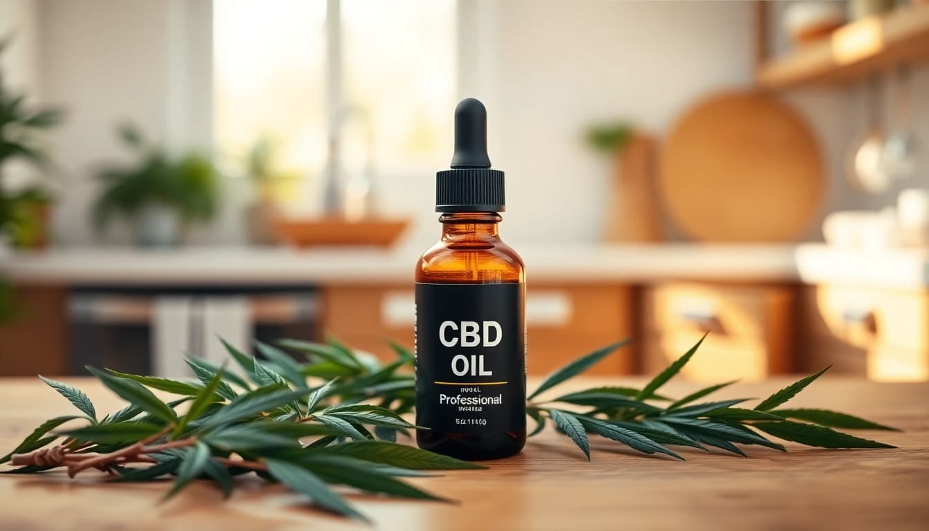 Showcase of CBD Oil with fresh hemp leaves in a serene kitchen setting