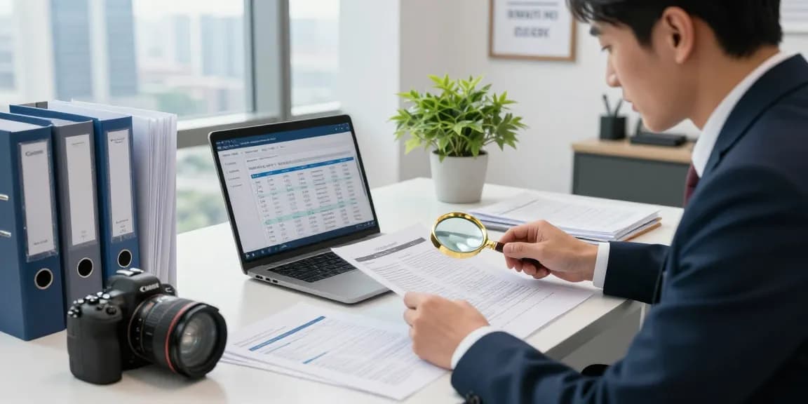 Professional workspace for asset tracing investigation with documents, laptop, and city view