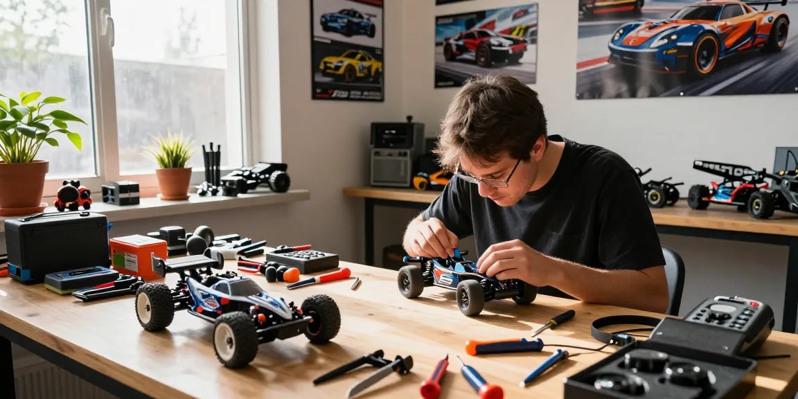 Enthusiast repairing rokok88 slot model RC car in vibrant workshop.