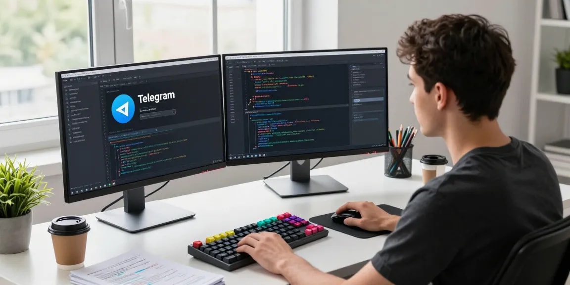 Developer coding in a modern workspace with Telegram中文版下载 displayed on screens