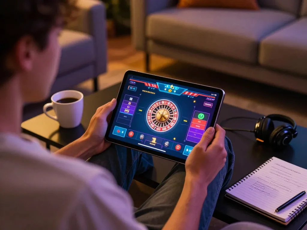 Playing roulette strategy on https://rikvip75.com/ with an inviting home setup and warm lighting