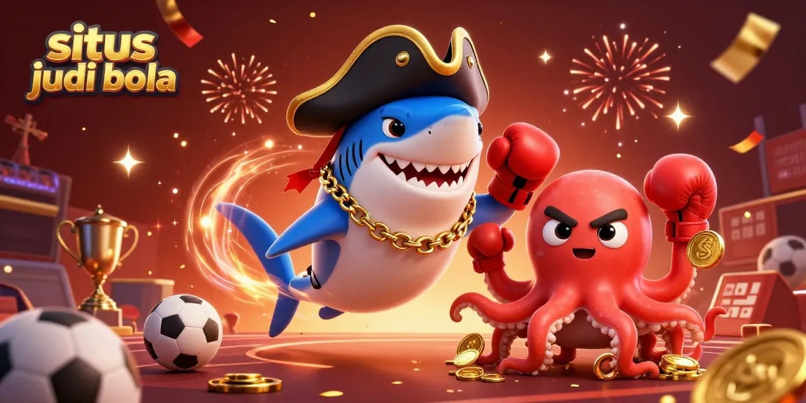 Engage with situs judi bola in a lively scene featuring a pirate shark, pufferfish, and octopus celebrating with sports betting elements.