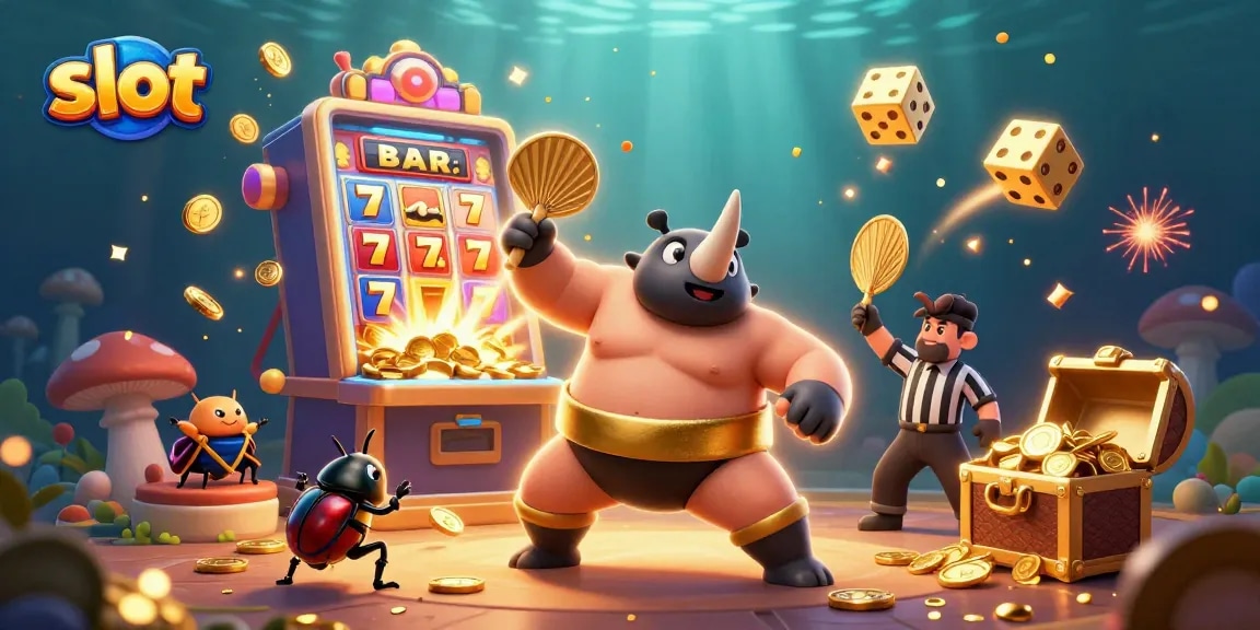 Experience thrilling slot action with our lively cartoon characters amidst a vibrant casino backdrop.