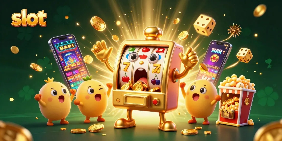 Slot mesin menyebar koin emas saat jackpot, dengan simbol beruntun dan karakter kartun yang menghibur.