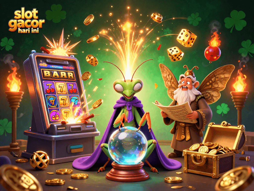 Engage with slot gacor hari ini through a vibrant 3D illustration depicting a jackpot explosion and fortune teller scene.