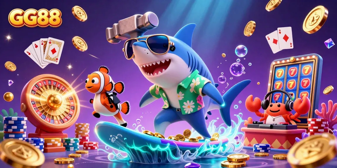 Experience exciting gaming with GG88, illustrated by a shark surfing on gold coins amidst casino elements.