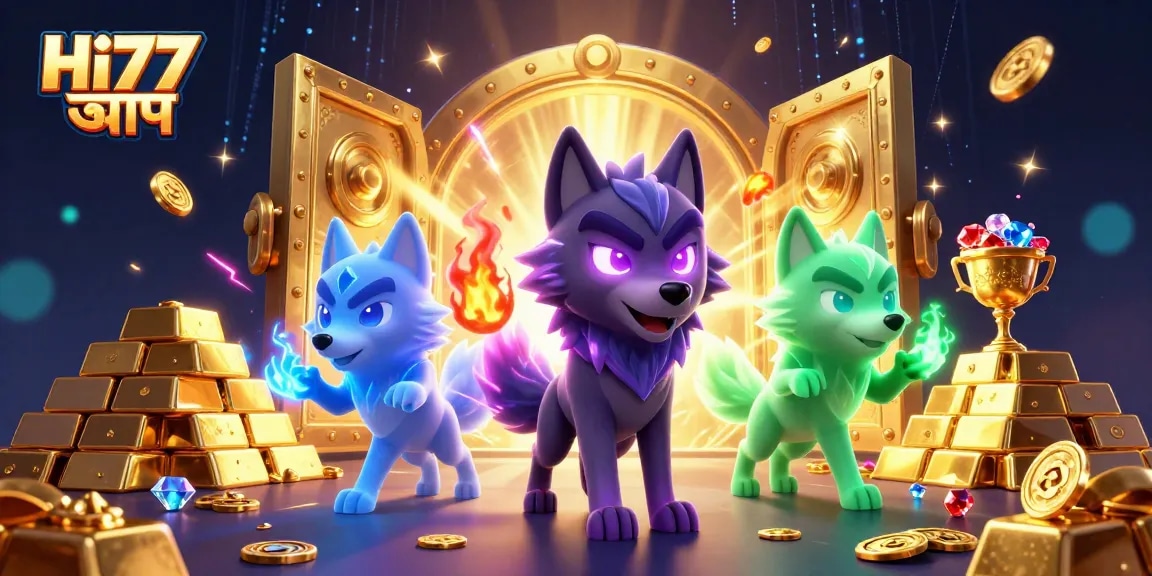 Experience thrilling gameplay with the Hi77 অ্যাপ, featuring vibrant 3D cartoon wolves and dazzling treasures.