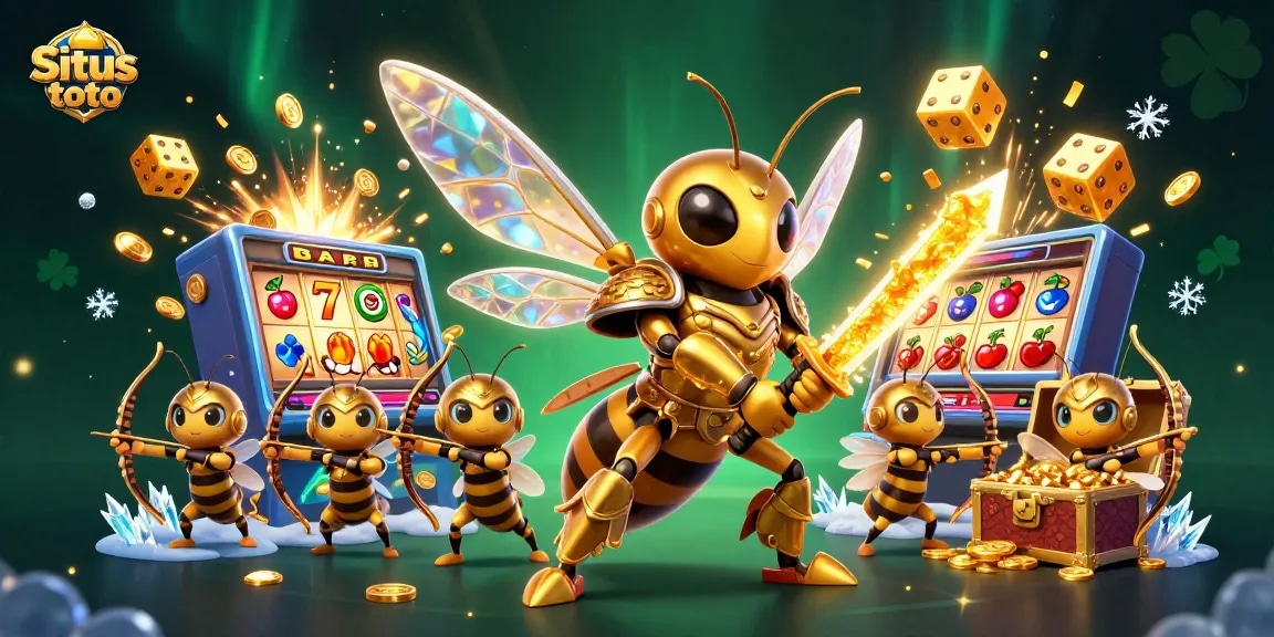 Situs toto showcases a dynamic gambling scene with golden hornet samurai and vibrant slot machine elements