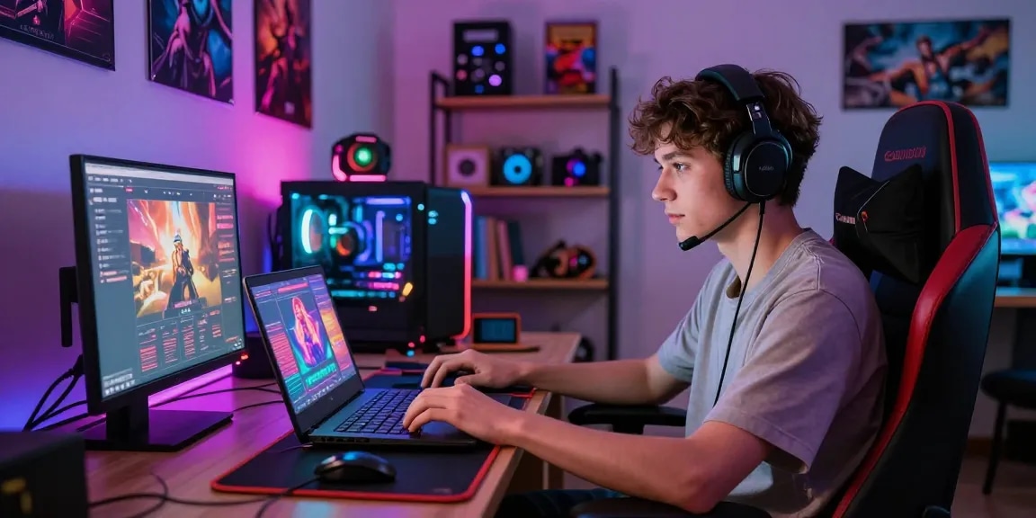 Engaging scene of a person enjoying free porn games on a laptop, enhanced by LED lights and gaming collectibles.