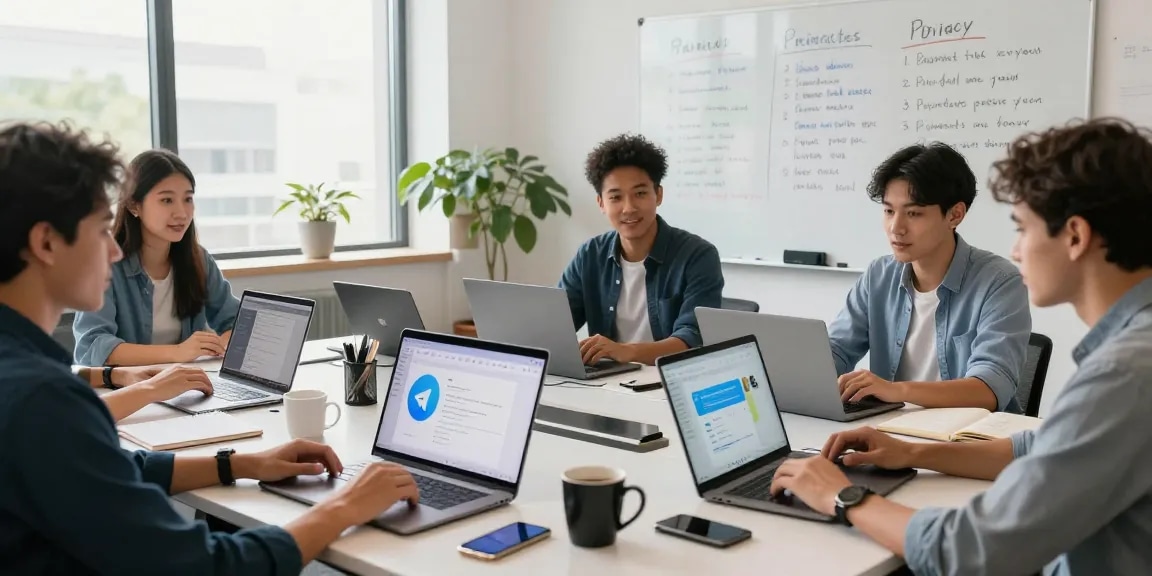 Team collaborating on Telegram Download in a modern workspace with laptops and smartphone notifications.