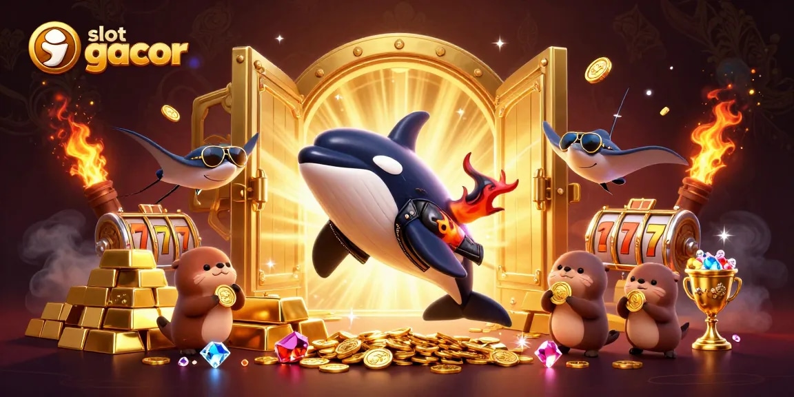 Engage with slot gacor excitement featuring an animated whale, stingray, and otters amidst treasures and slot reels.