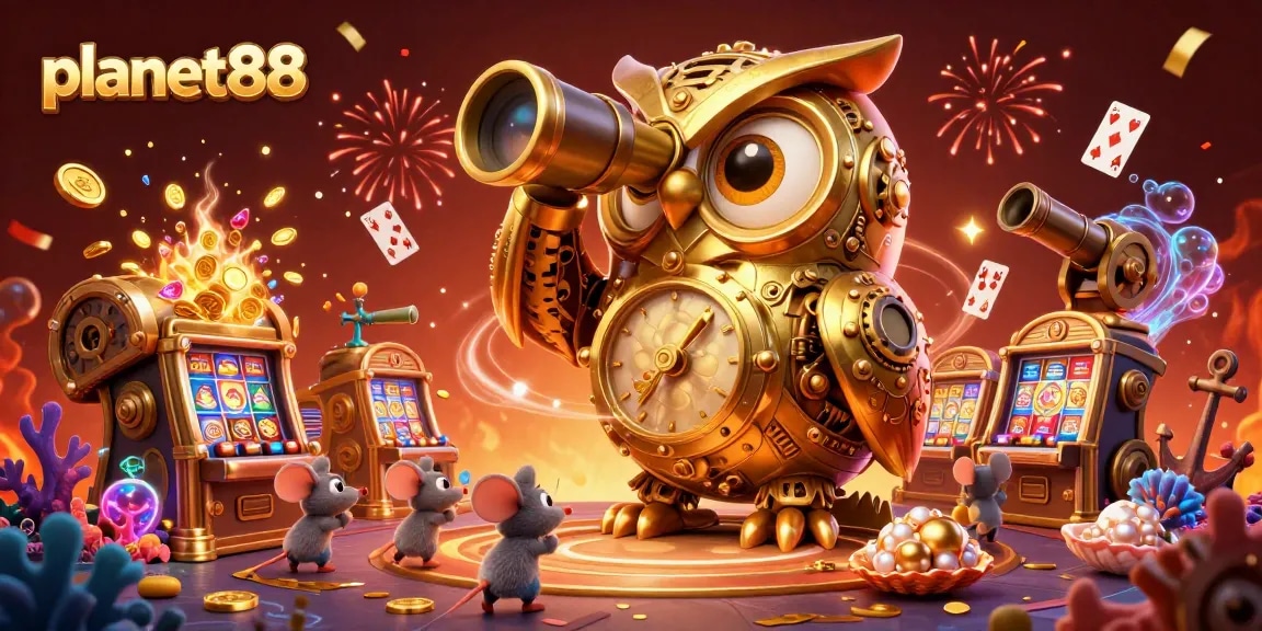 Experience the excitement of planet88 with a cinematic casino scene featuring a golden owl and vibrant gaming elements.