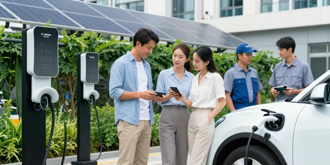 Portable EV charger factory scene with diverse individuals engaging with modern chargers in a sustainable urban environment.