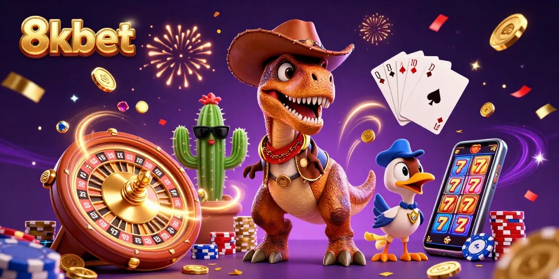 Win big with 8kbet as a playful T-Rex cowboy navigates a vibrant casino scene.