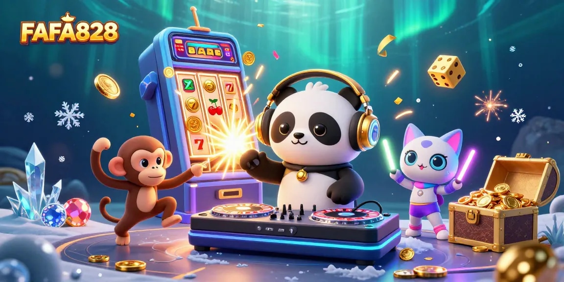 Experience the thrill of FAFA828 with vibrant characters in a dynamic online casino scene.