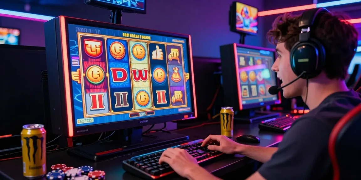 Engaged player enjoying a thrilling slot game with vivid graphics and casino elements in a dynamic gaming environment