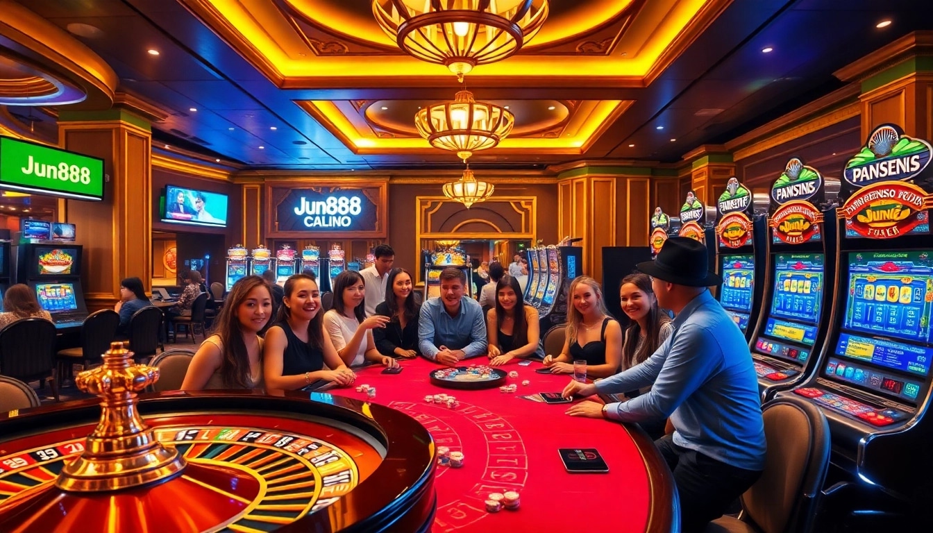 Exciting casino experience with players at a roulette table and slot machines, featuring Jun888.