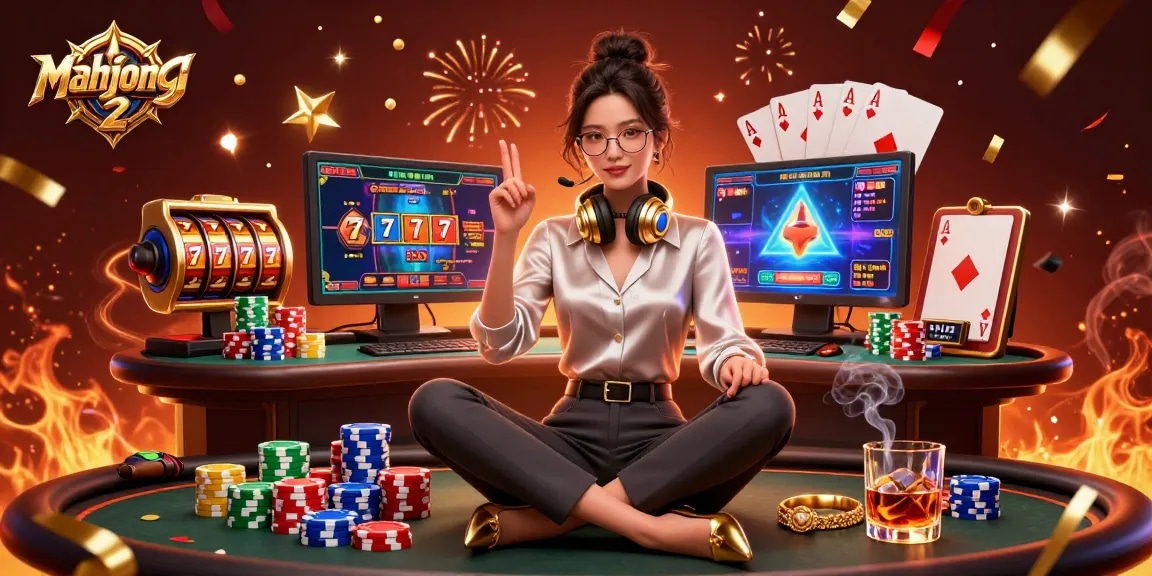 Engage in mahjong 2 action with a vibrant scene full of slot reels, chips, and gaming excitement.