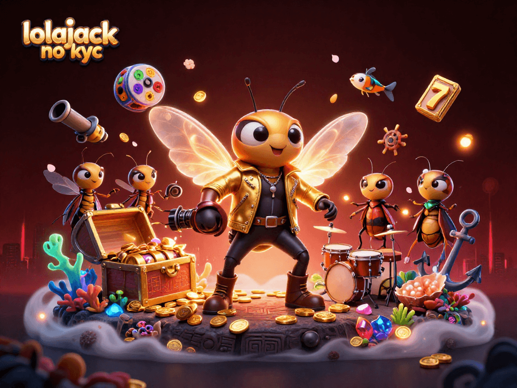 Engage in thrilling gameplay with lolajack no kyc, featuring a vibrant cartoon scene of a cicada rock star and casino elements.