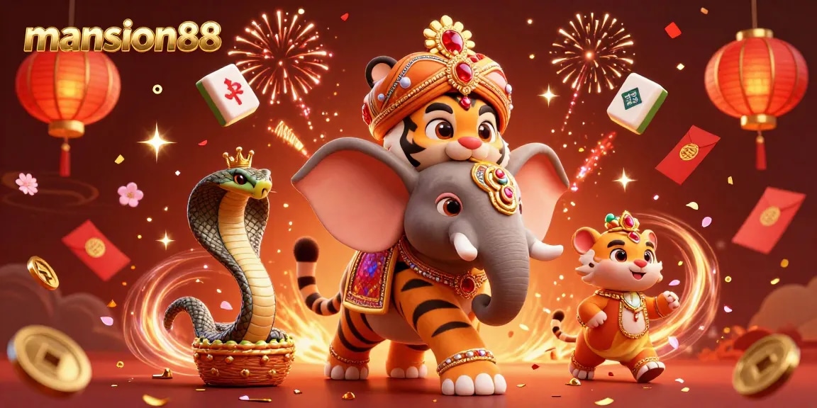 Mansion88 offers thrilling betting experiences with a vibrant digital scene showcasing a tiger, elephant, and festive elements.