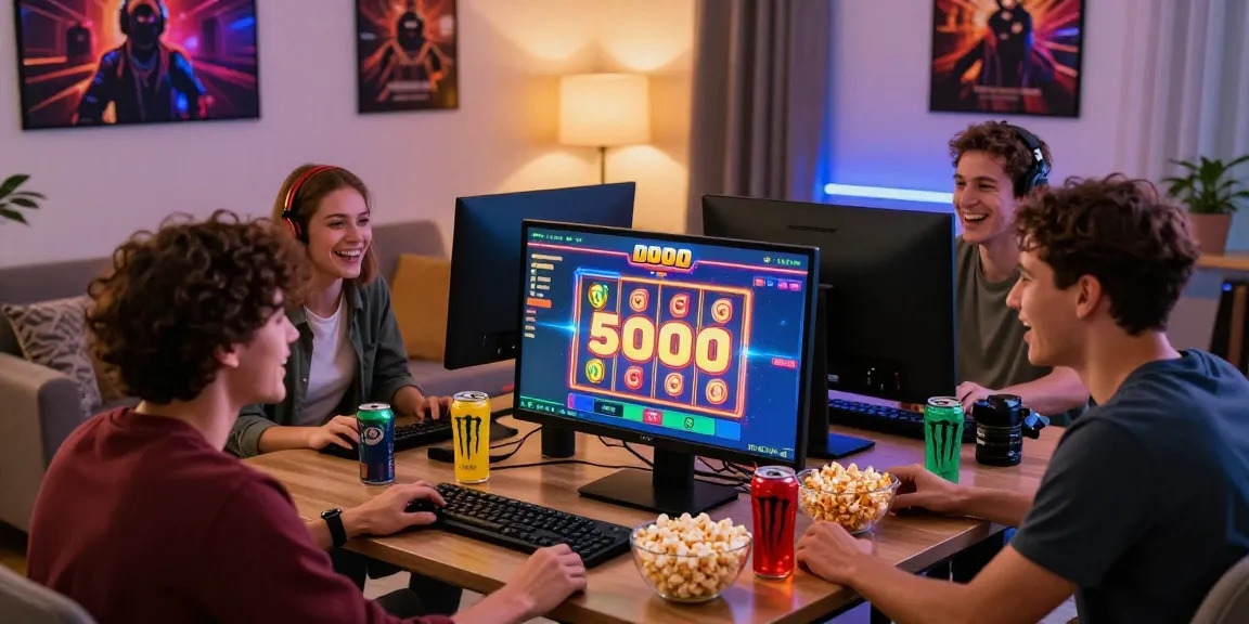 Diverse friends enjoying slot depo 5000 games together in a cozy living room.