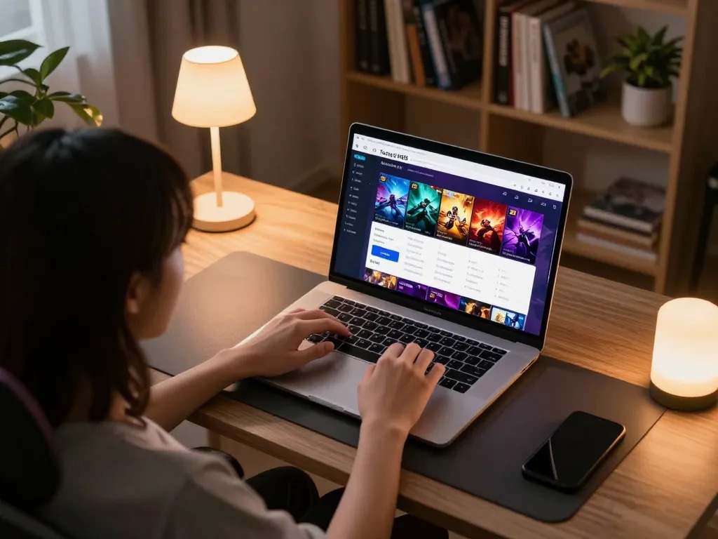 Engaged player using Trang Chủ RR88 on a laptop at home, showcasing strategic online gaming.