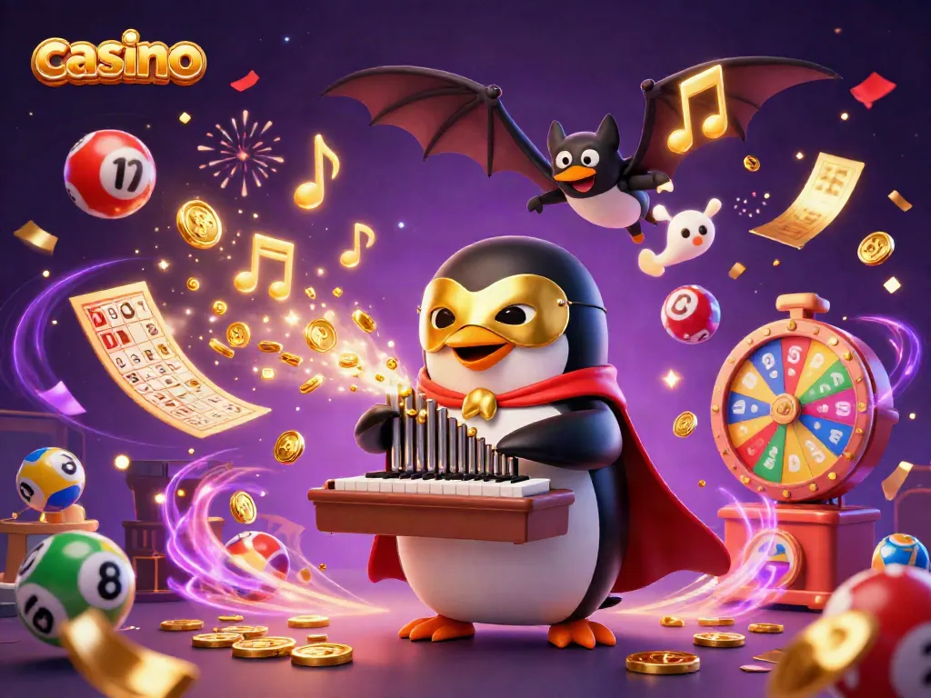 Experience the thrill of a dynamic casino scene with lucky penguins and musical elements.