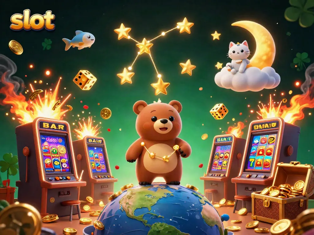 Experience the thrill of slots with a cartoon constellation bear scooping up coins and vibrant jackpot scenes