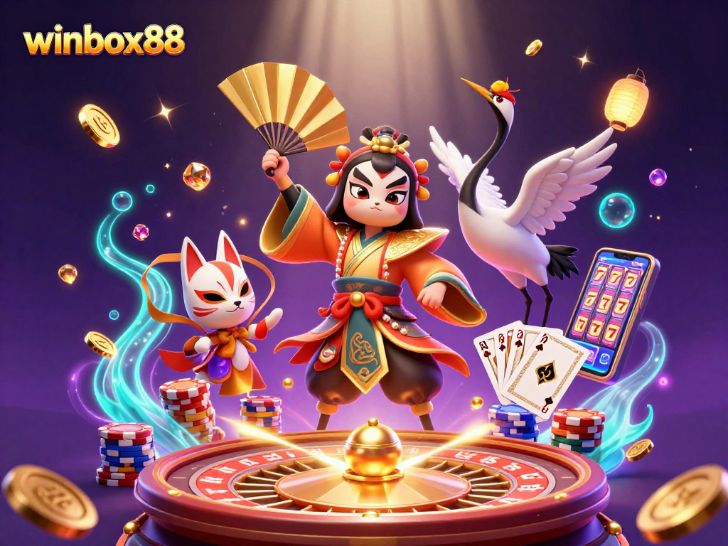 Winbox88 gaming scene featuring kabuki warrior and kitsune mask with vibrant casino elements.