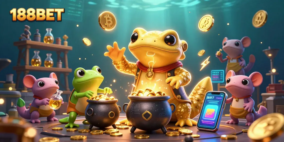 Experience thrilling gaming with 188BET's vibrant scene of a golden alchemist, crypto coins, and casino elements.