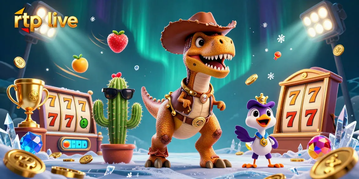 Engage with rtp live as a T-Rex cowboy spins slots in a bustling casino scene.