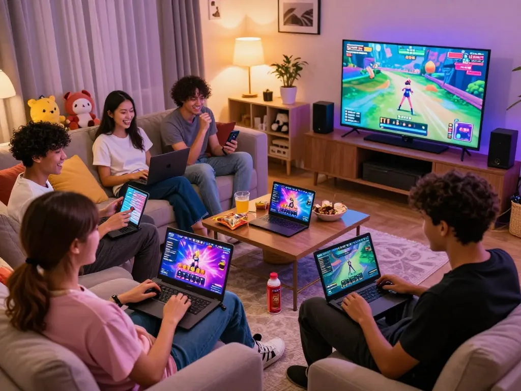 Engaged players enjoying online sex games in cozy living room filled with devices and laughter.