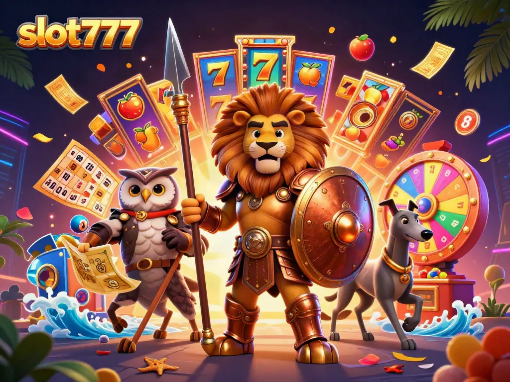 Slot777 menyajikan mesin slot menarik dengan karakter 3D dan elemen kasino berwarna-warni.
