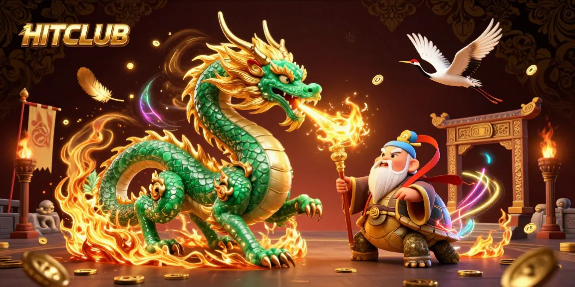 Engage in HITCLUB's vibrant gaming world with a jade dragon, lucky cranes, and golden fire.