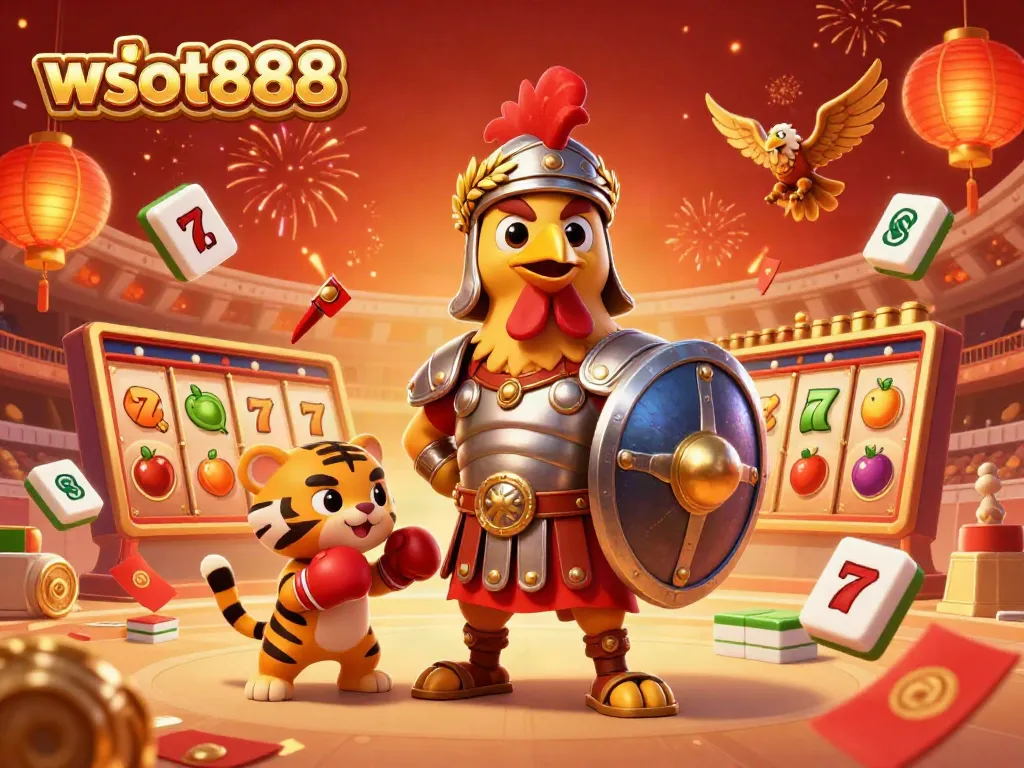 Permainan slot menarik di wslot888 dengan ilustrasi ayam jago sebagai gladiator dan simbol keberuntungan.
