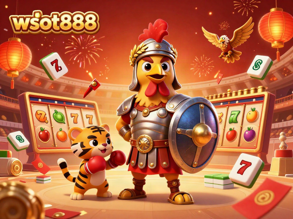 Permainan slot menarik di wslot888 dengan ilustrasi ayam jago sebagai gladiator dan simbol keberuntungan.