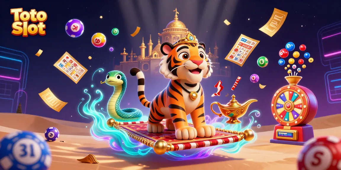 Experience thrilling Toto Slot action with a vibrant 3D illustration of a sultan on a flying carpet amidst colorful lottery elements.