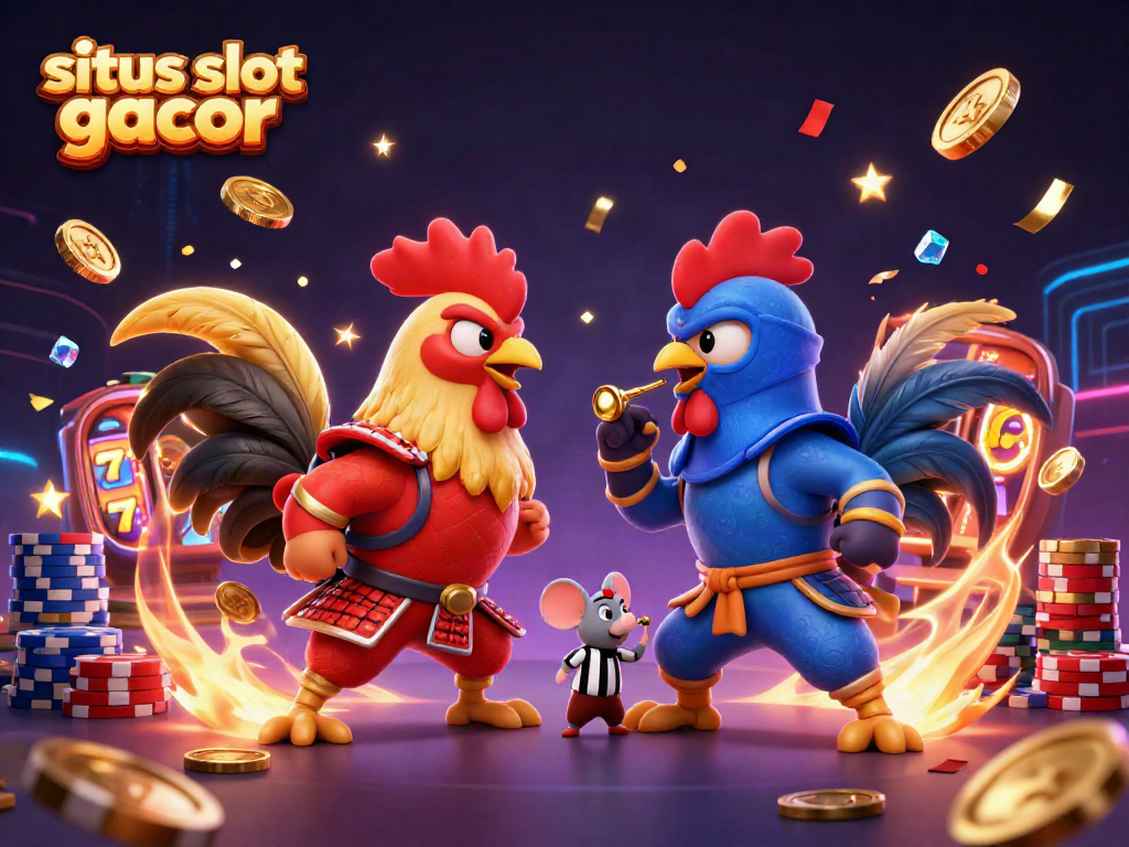 Merayakan permainan dengan Situs Slot Gacor menggunakan ayam tempur 3D dan elemen kasino berkilau.