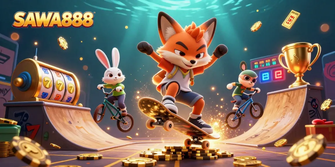 SAWA888 gaming experience with a skateboarder fox and BMX rabbit amid vibrant casino illustrations.
