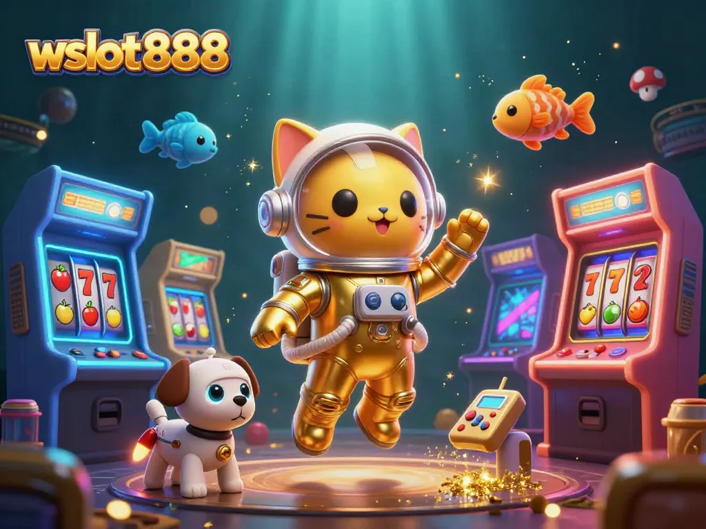 Gambarkan aksi slot pulsa bersama wslot888 dengan kucing astronaut dan anjing robot.