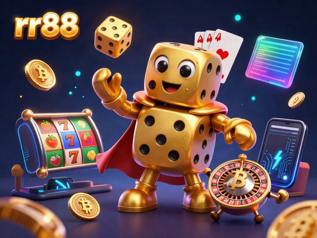 Spin to win with rr88 in a vibrant 3D casino scene featuring golden dice and slot reels.