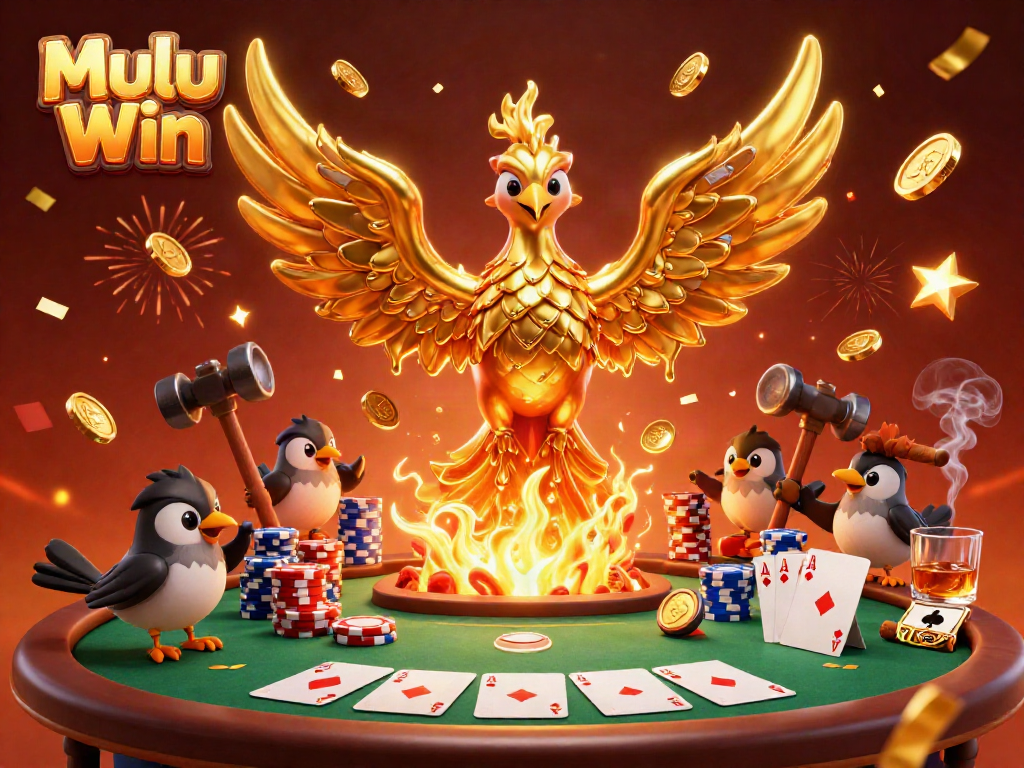 Mulu Win showcases an energetic 3D phoenix with molten gold, surrounded by vibrant poker elements in an exciting casino atmosphere.
