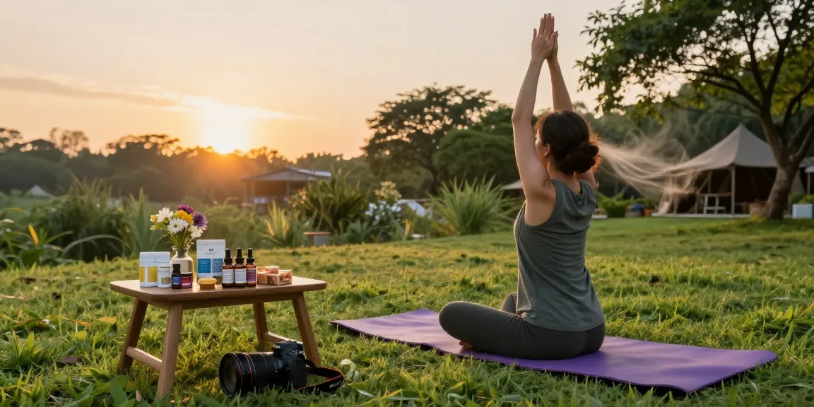 muha med CBD oil tinctures on outdoor yoga table during sunrise, showcasing natural wellness and relaxation