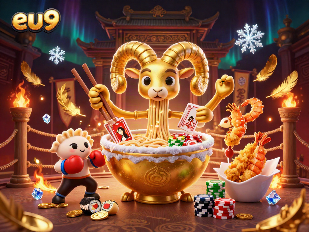 eu9 showcases a vibrant casino scene with a golden ramen bowl and charismatic characters interacting.