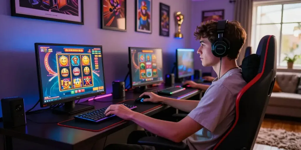 Pengalaman bermain slot gacor online dengan link slot gacor memperlihatkan pemain muda dalam suasana gaming yang energik.